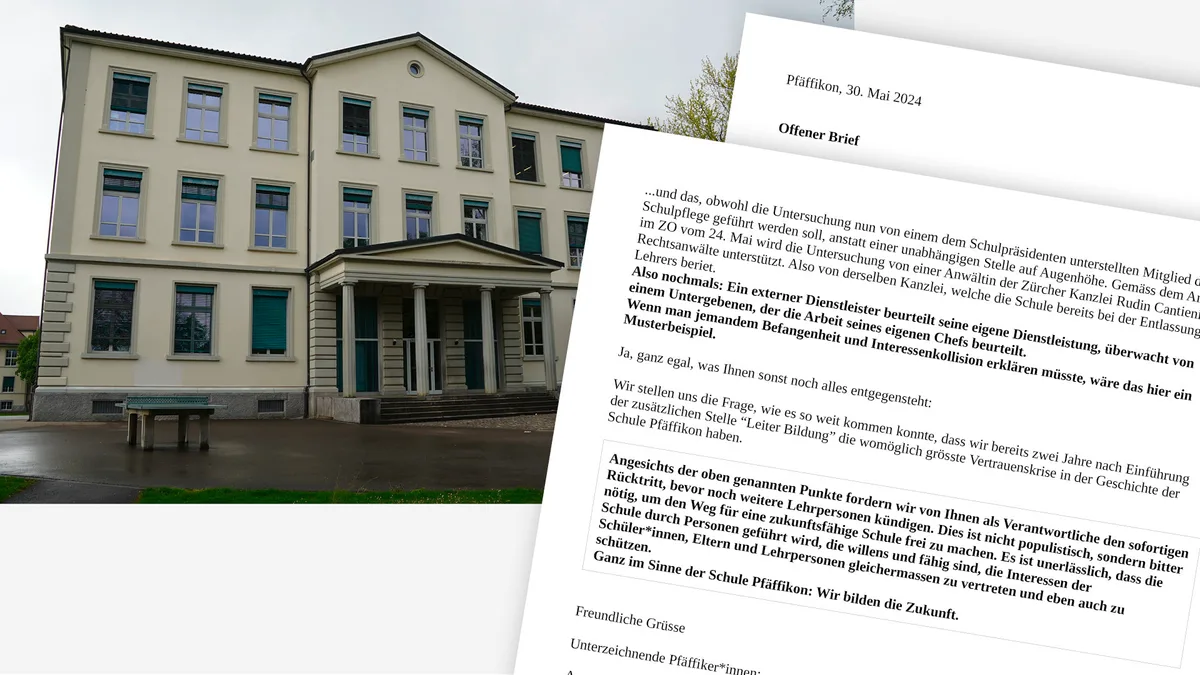 Fast 100 Personen haben den offenen Brief bereits vor Donnerstag unterschrieben. Sie fordern Konsequenzen nach dem Eklat im Schulhaus Obermatt. Man sieht das Schulhaus Obermatt in Pfäffikon und rechts davon einen offenen Brief.